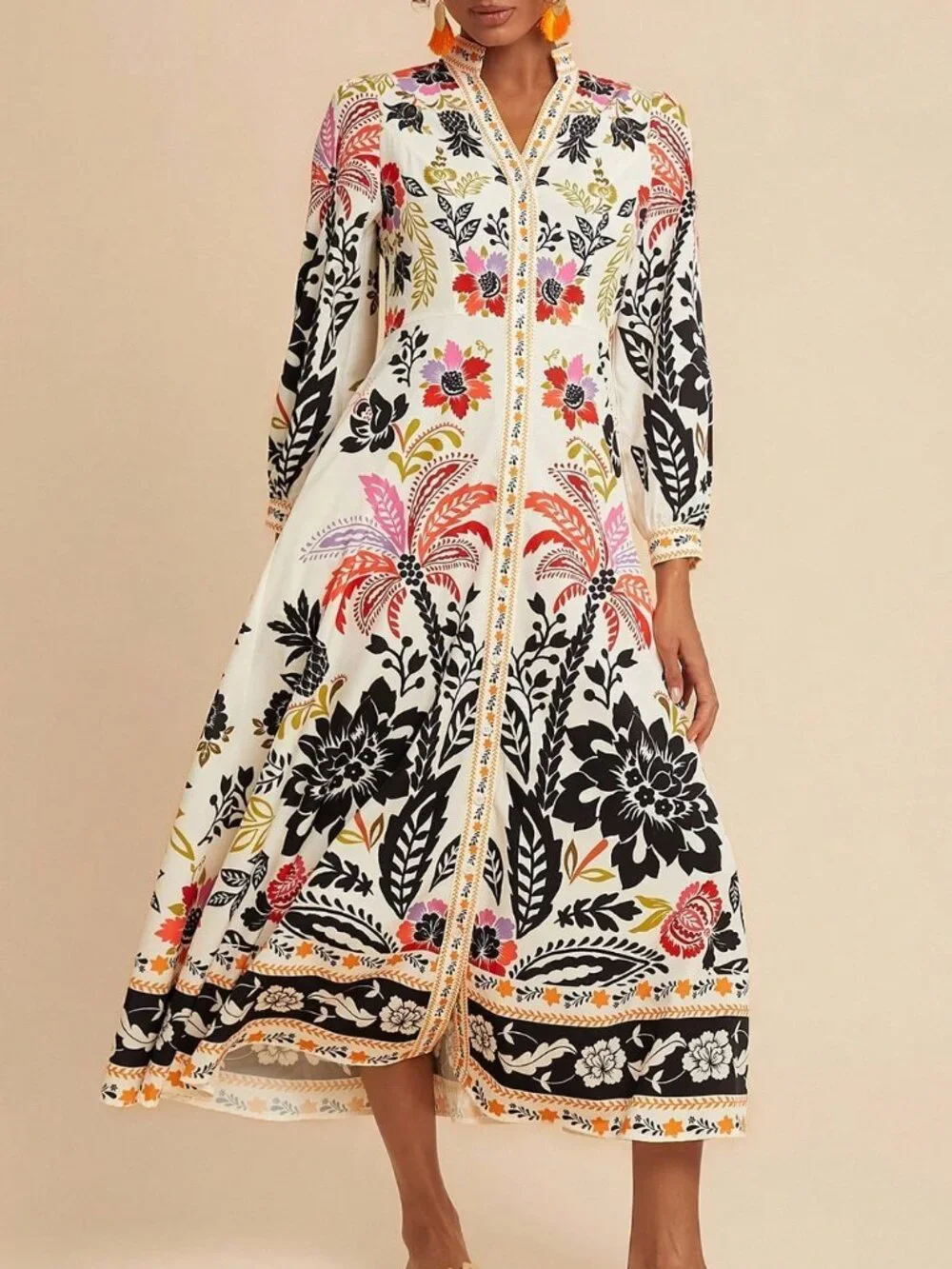 Khaki Boho Women's Palm Tree Print Long Sleeve Button Down Casual Midi Dress - Picture 4 of 6